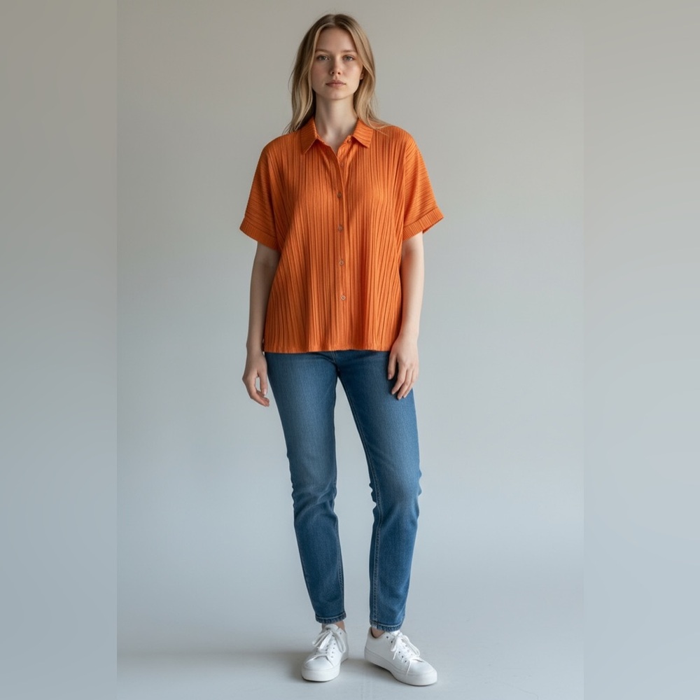 Rio and Rian Orange Pleated Button-Up Shirt M